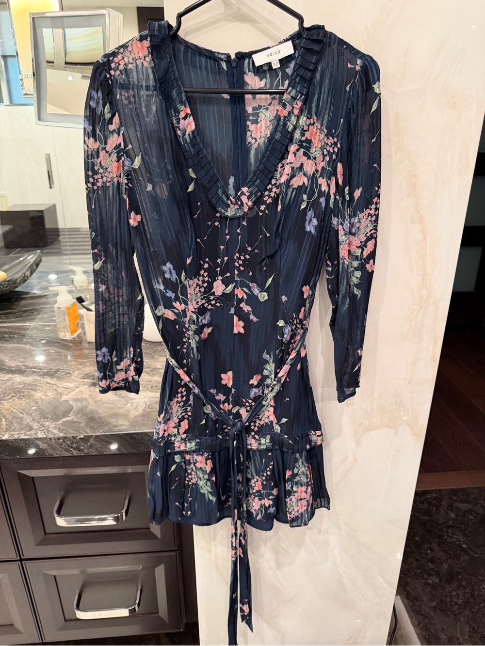 Reiss Navy Floral V-Neck Tie-Waist Mini Dress